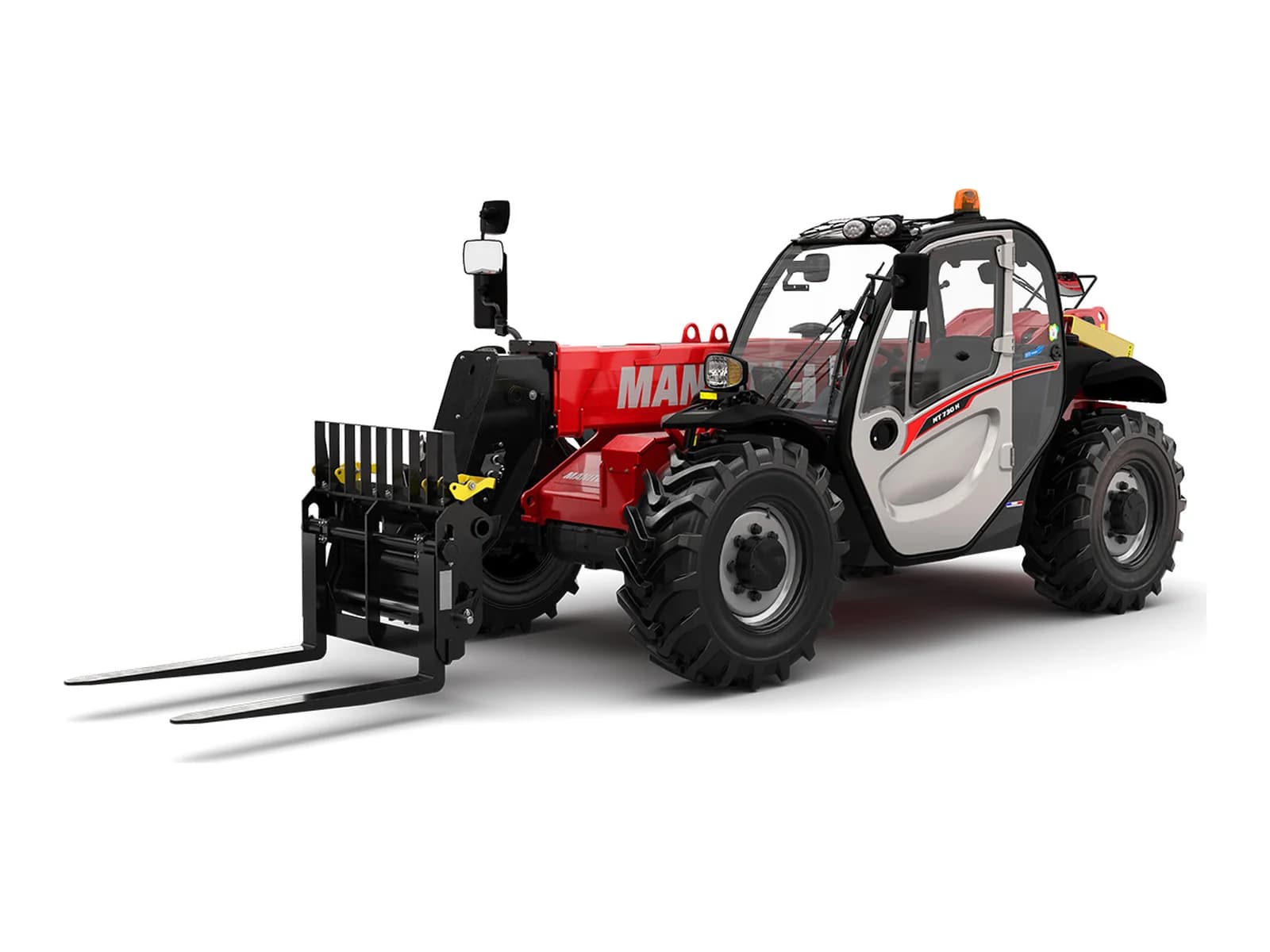 7m telehandler with pallet forks, three-quarter view on a white background