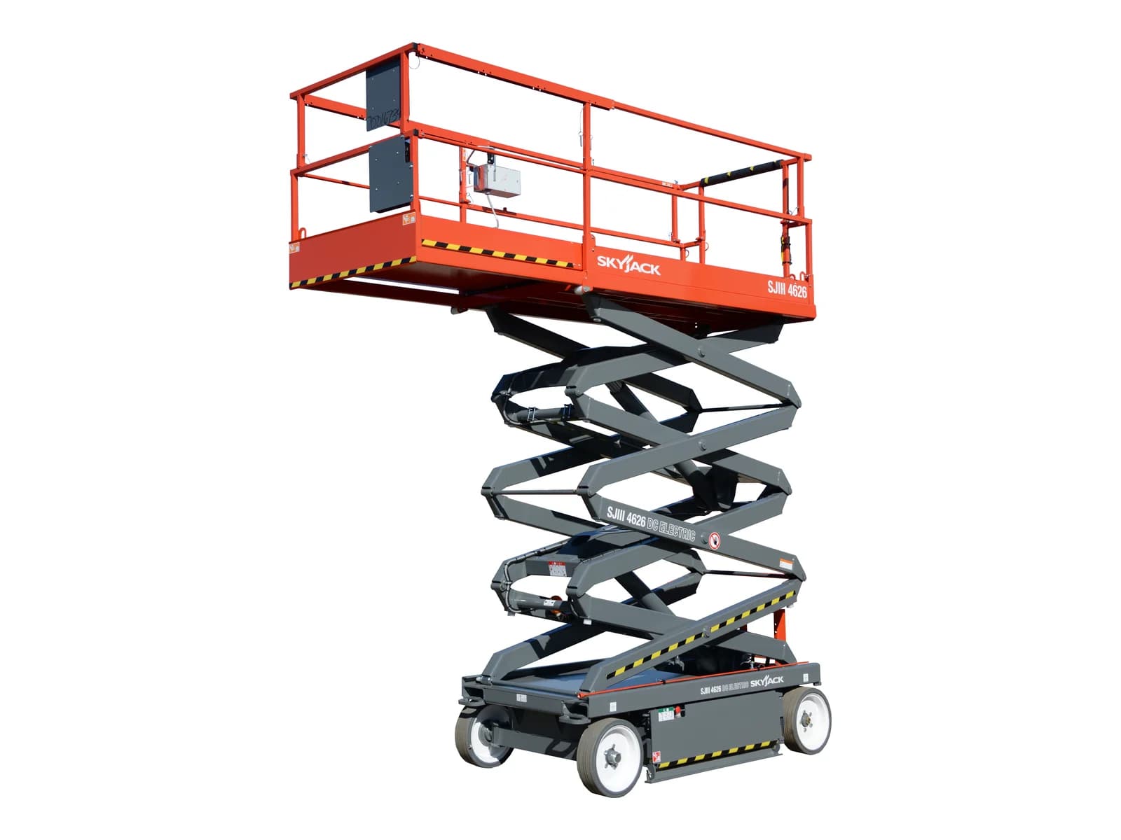 Skyjack SJIII 4626 9.9m electric scissor lift, front three-quarter view on a white background