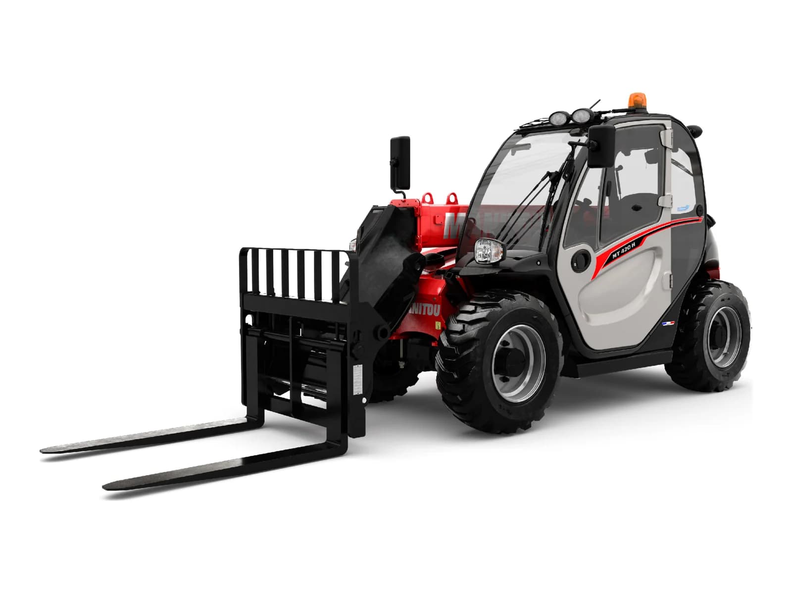 4m telehandler with pallet forks, three-quarter view on white background