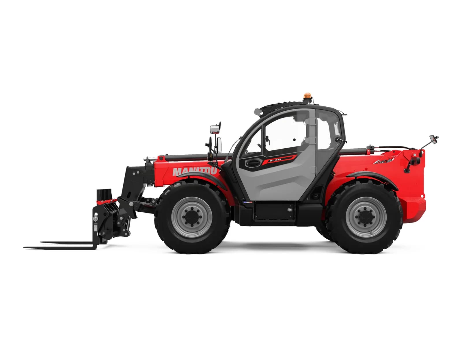 13m telehandler with pallet forks, side view on a white background